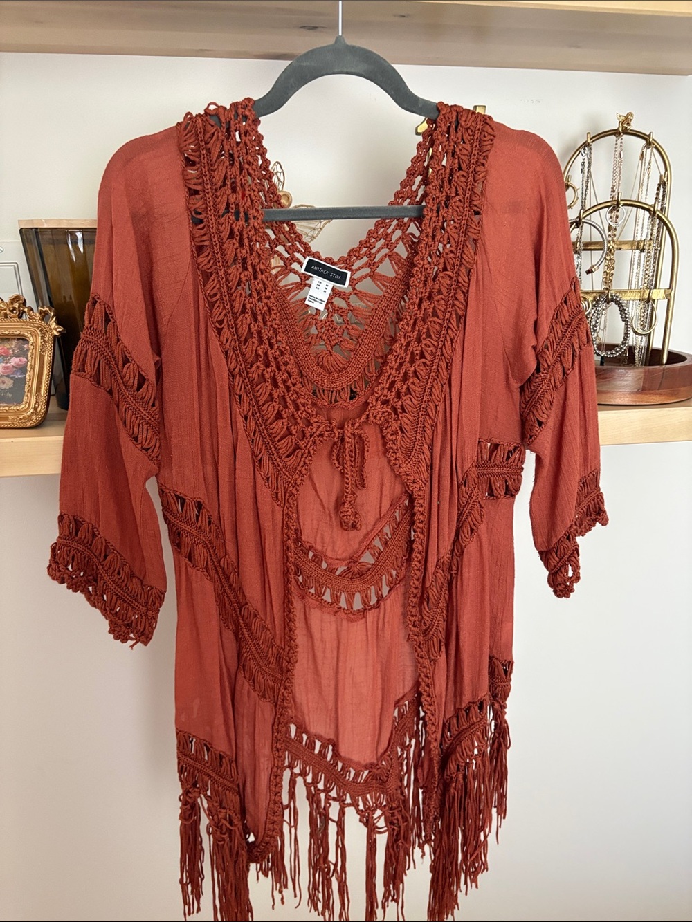 Open-Front Crochet Fringe Tunic in Rust